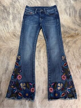 Girls Grace Jeans Size 10 Embroidered Flare Denim Boho Floral Raw Hem